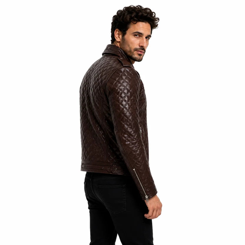 Close up of diamond quilted stitching on chocolate brown leather biker jacket