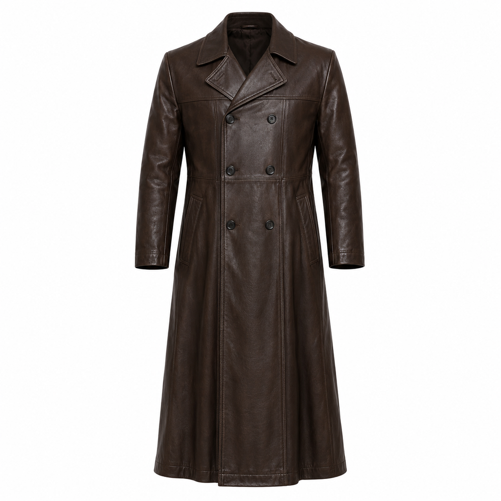 Full-Length Double-Breasted Leather Duster Trench Coat