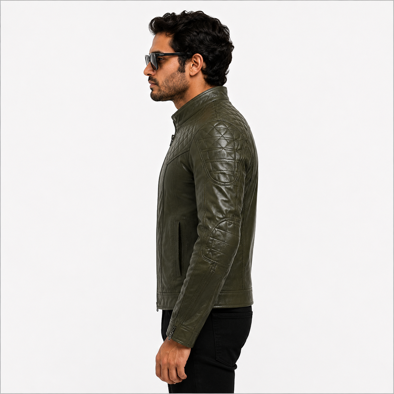 Men's Olive Green Quilted Racer Leather Jacket