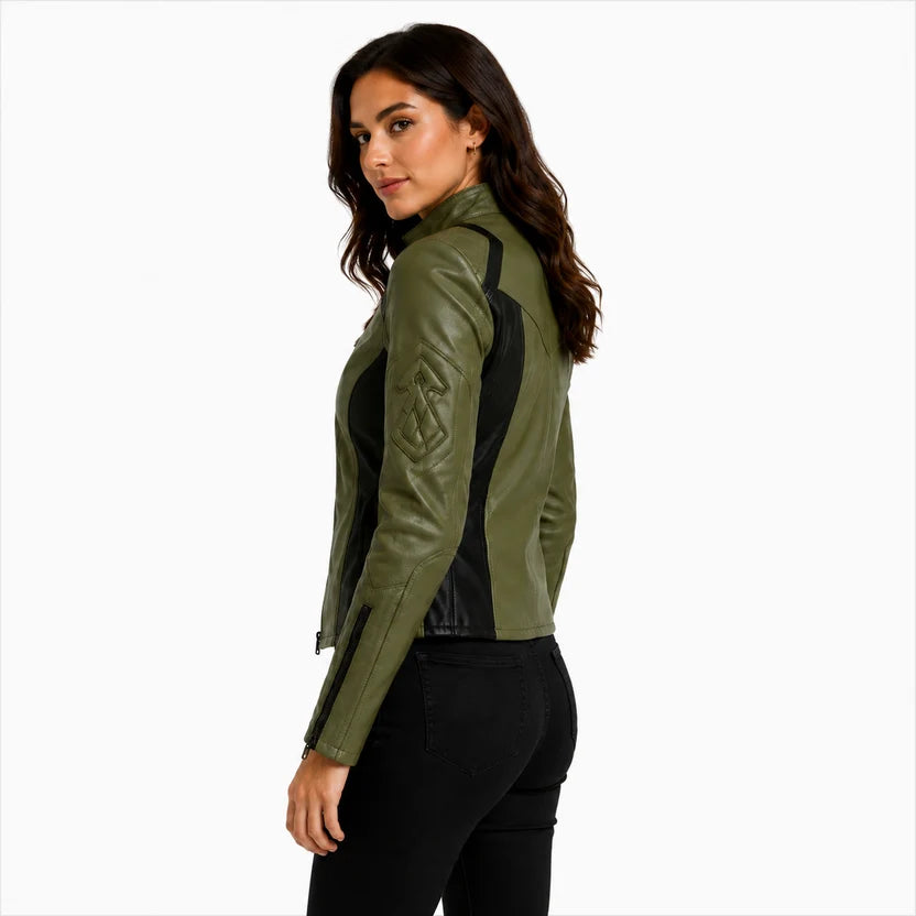 Women's olive green black panel leather jacket