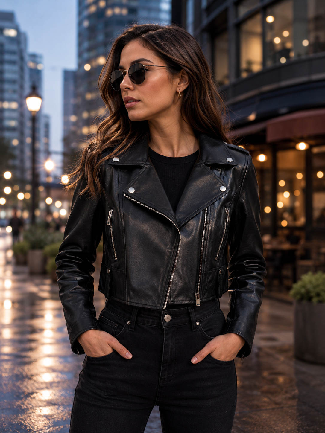 Genuine Lambskin Colleen Women’s Cropped Black Biker Style Leather Jacket