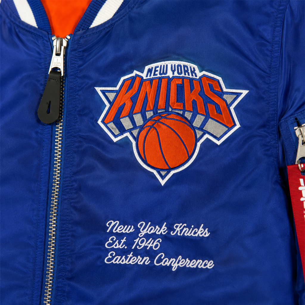 Blue New York Knicks NBA Satin Bomber Jacket with Patches and Logos