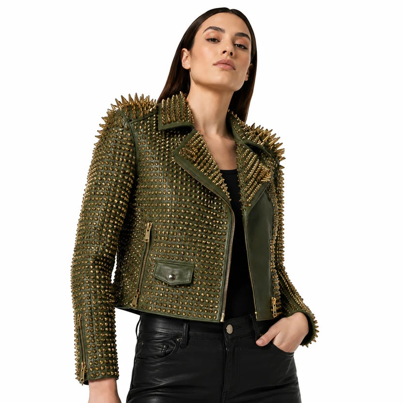 Women's Olive Green Studded Leather Biker Jacket