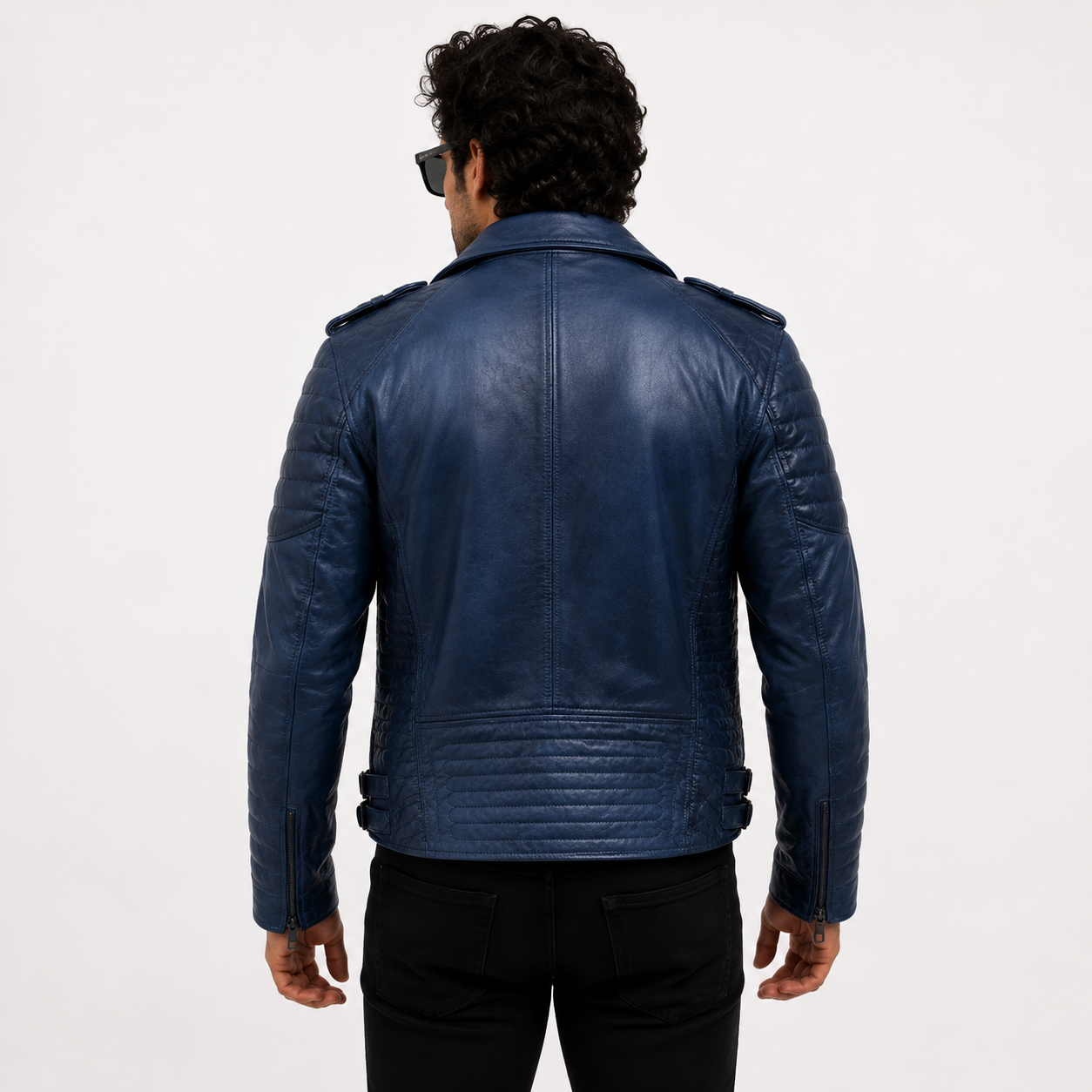 Men's Distressed Navy Blue Asymmetric Leather Biker Jacket