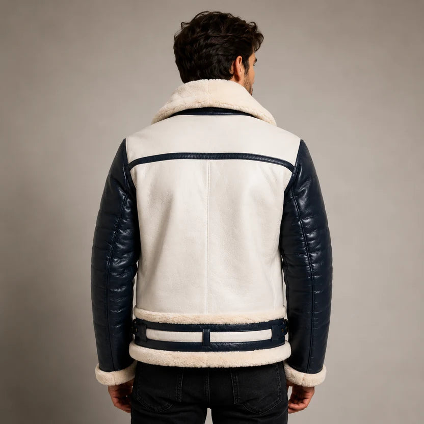 Navy blue leather quilted sleeves on white shearling bomber jacket