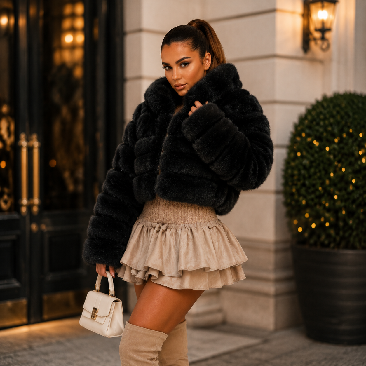 Women's Black Faux Fur Bubble Coat