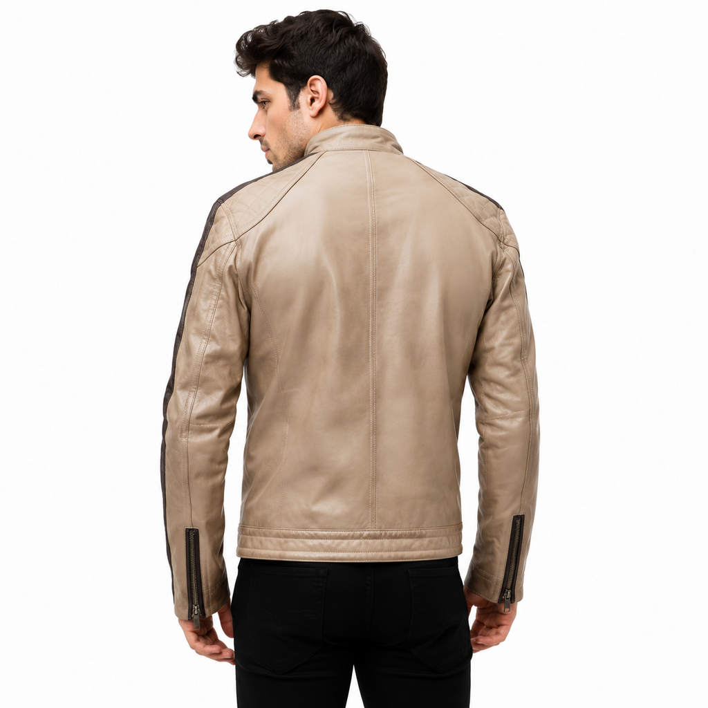 Men's Beige Premium Leather Biker Jacket