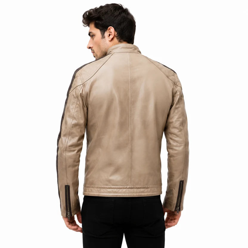 Men's Beige Brown Stripe Cafe Racer Leather Jacket