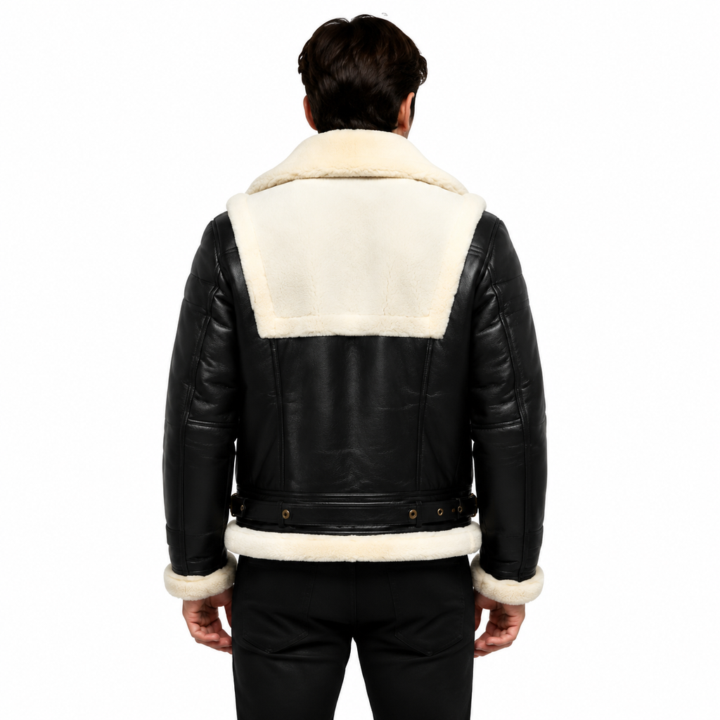 Black Leather Shearling Aviator Jacket Back View