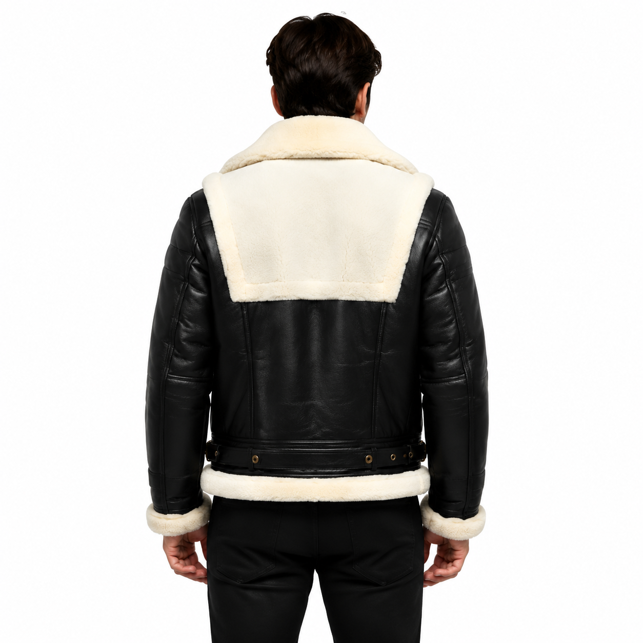 Black Leather Shearling Aviator Jacket Back View