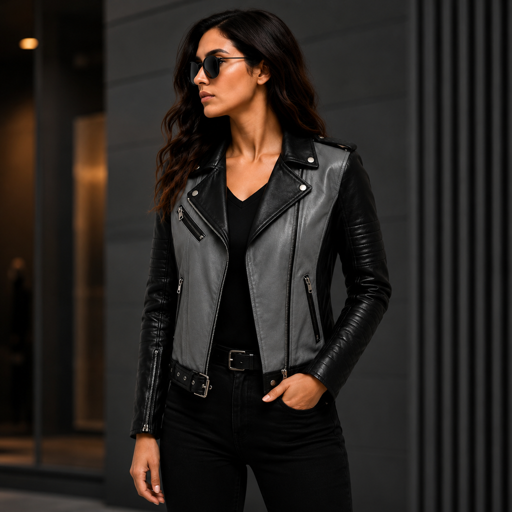 Women's Black & Charcoal Gray Biker Leather Jacket