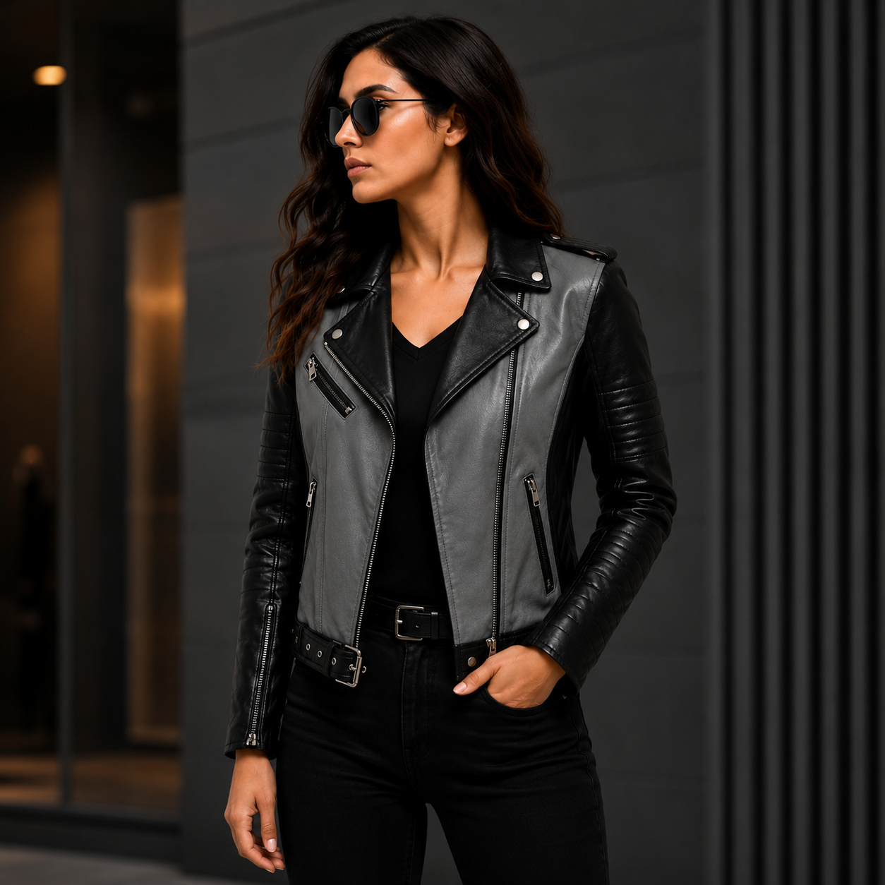 Women's Black & Charcoal Gray Biker Leather Jacket