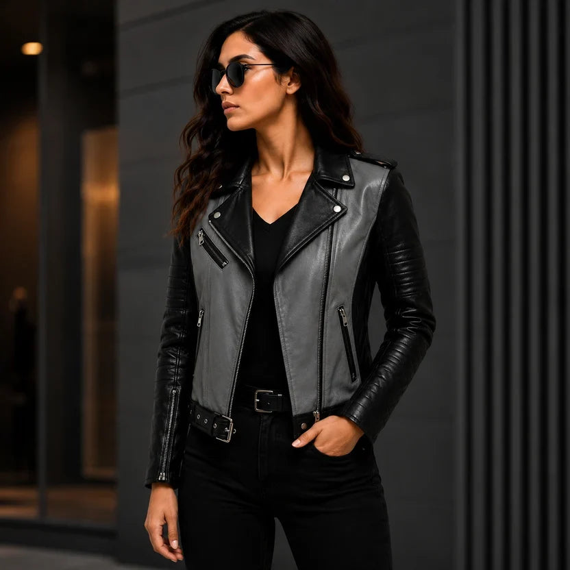 Women's Black & White Genuine Leather Moto Jacket