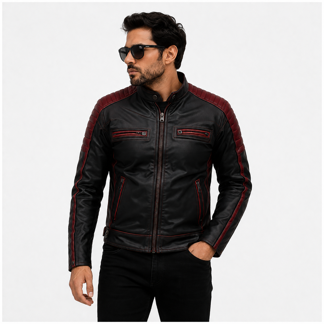 Men's Black & Maroon Racer Leather Biker Jacket