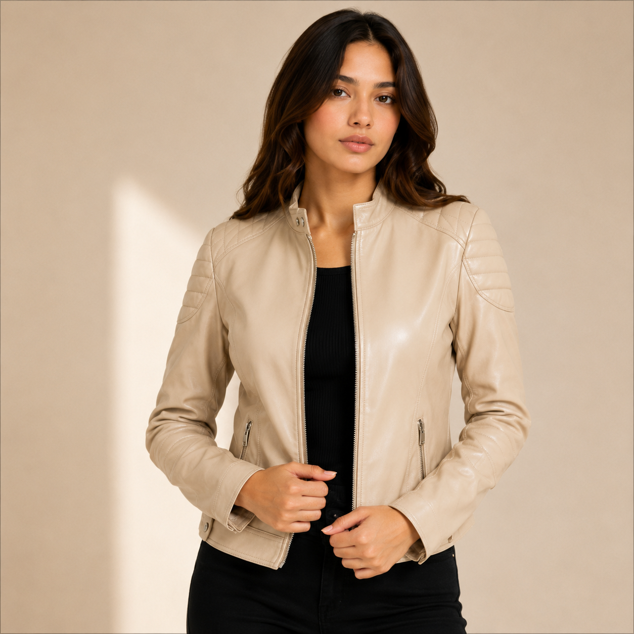 Women's Pastel Beige Cafe Racer Leather Biker Jacket