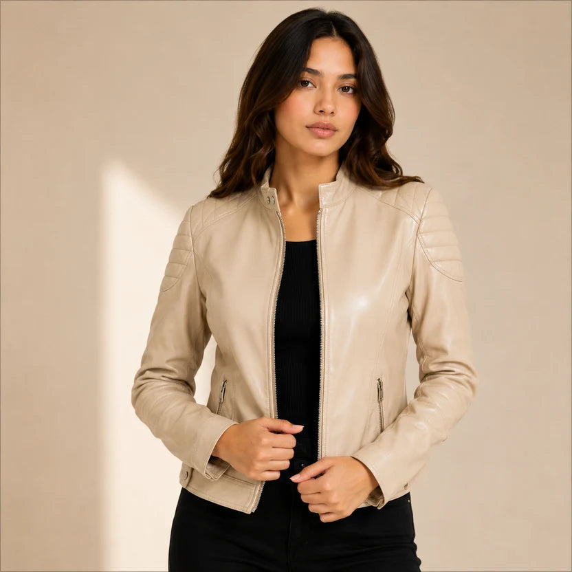 women's beige real leather biker jacket