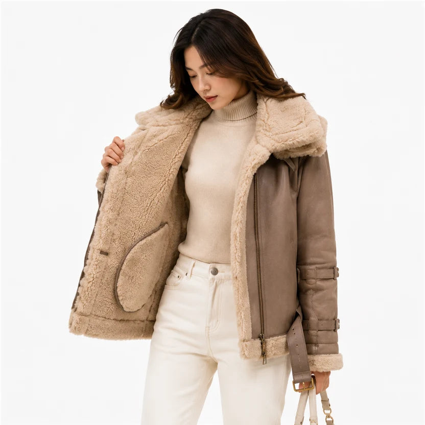 women's taupe brown genuine leather shearling bomber jacket