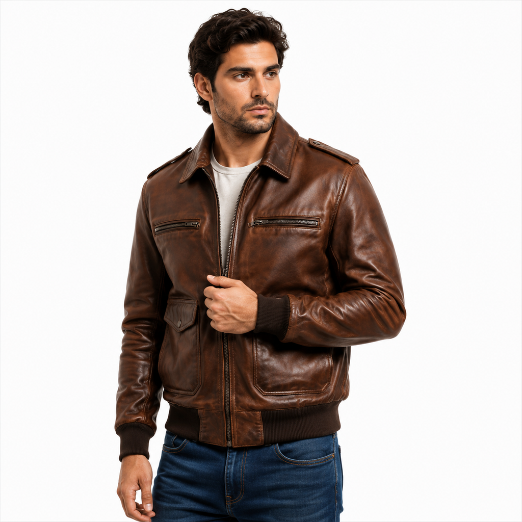 Distressed Leather Bomber Jacket Pocket