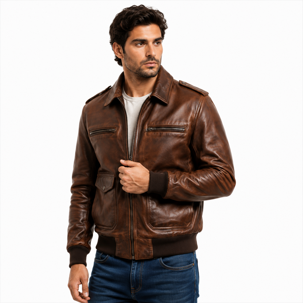 Distressed Leather Bomber Jacket Pocket