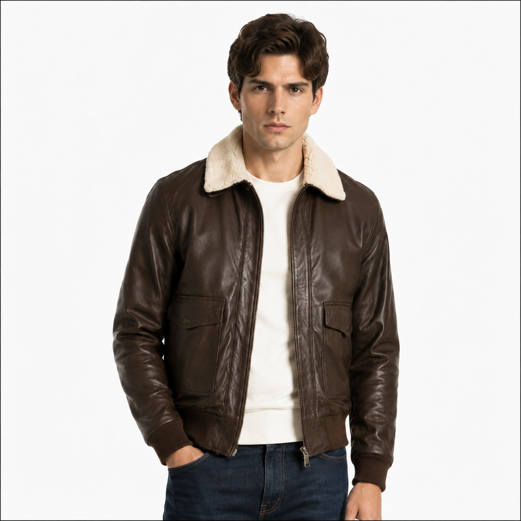 Mens Pilot Brown Bomber Shearling Leather Jacket