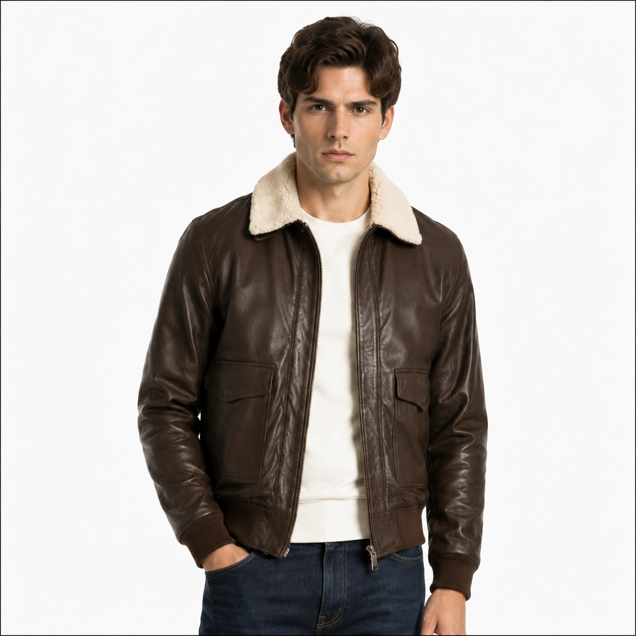Mens Pilot Brown Bomber Shearling Leather Jacket