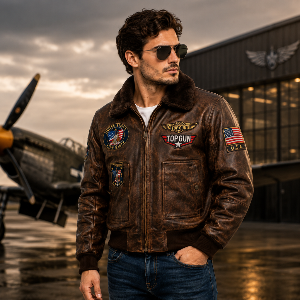 Men's Brown Top Gun Flight Leather Jacket with Faux Fur Collar