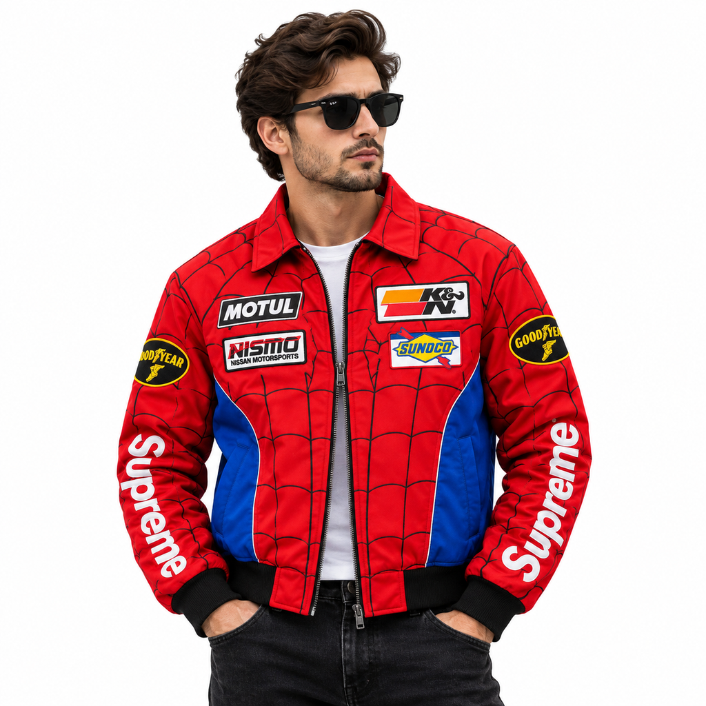 Red and blue racing jacket with large spider graphic and Supreme sleeves