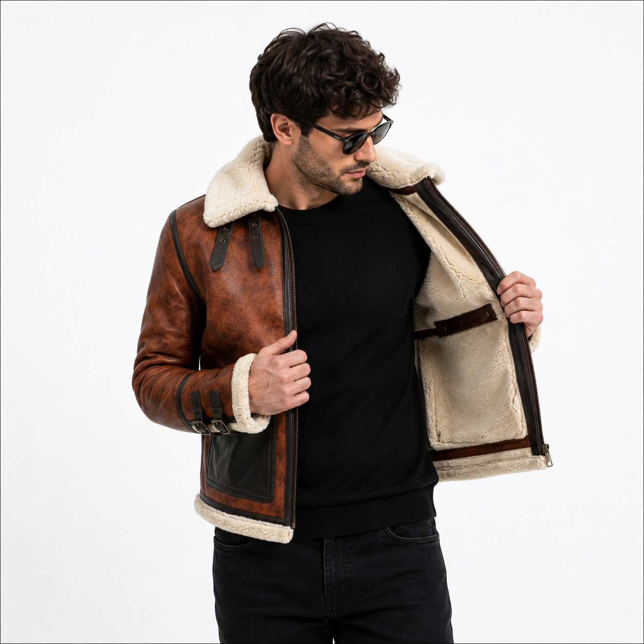 Men's Brown Faux Shearling Aviator Flight Jacket
