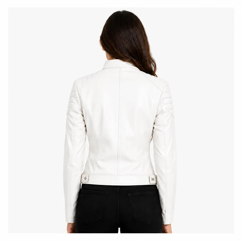 women's white leather cafe racer jacket