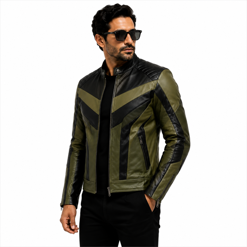 Men's Olive Green & Black Racer Leather Jacket