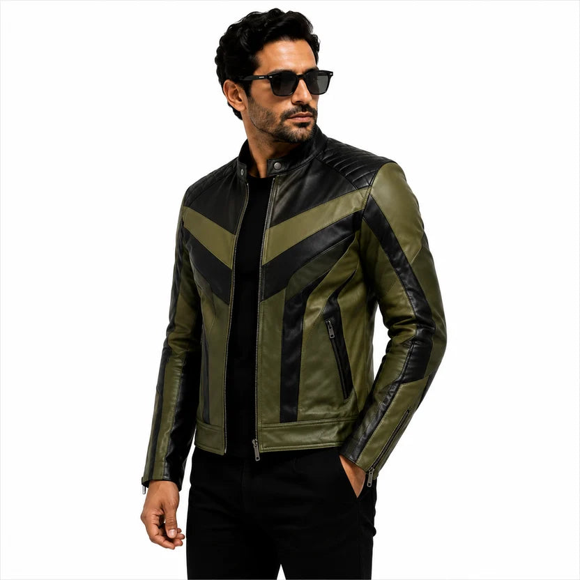 Men's Olive Green and Black V-Panel Racer Leather Jacket with Chest Stripes