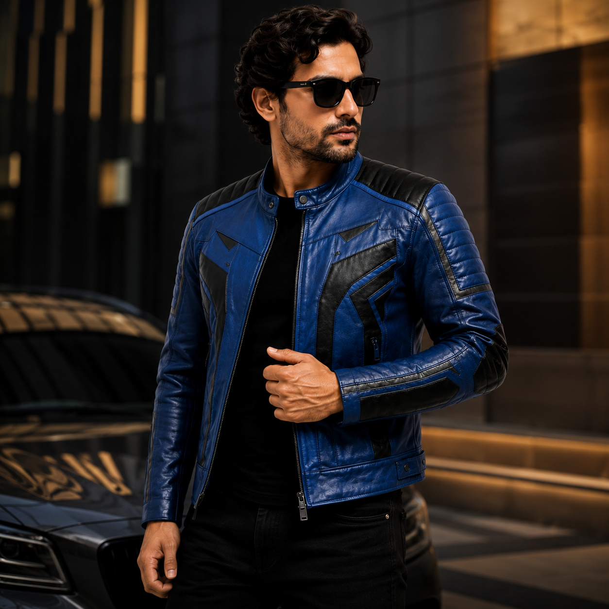 Men's Blue & Black Cafe Racer Leather Biker Jacket