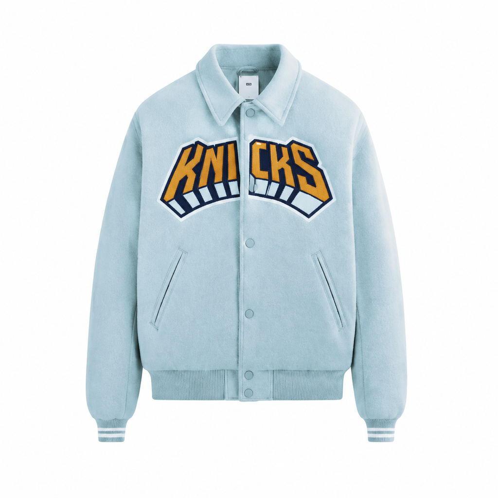 Light Blue New York Knicks NBA Varsity Jacket with Big KNICKS Logo