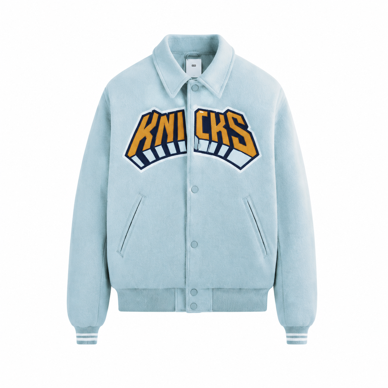 Light Blue New York Knicks NBA Varsity Jacket with Big KNICKS Logo
