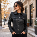Women's Black Genuine Leather Trucker Jacket