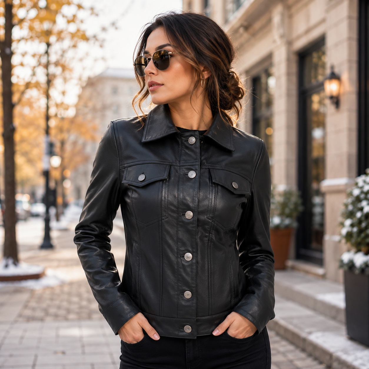 Women's Black Genuine Leather Trucker Jacket