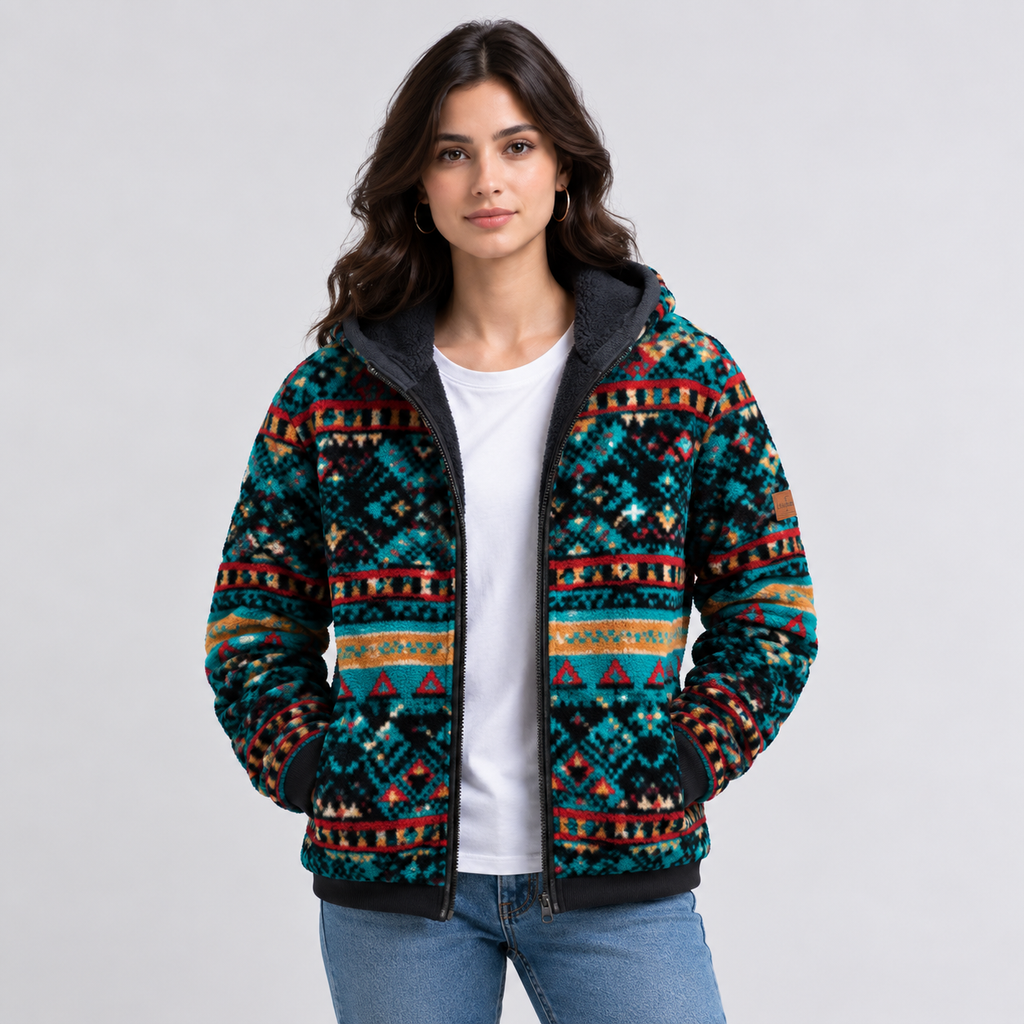 Women's Teal Black Aztec Tribal Sherpa Fleece Zip Hoodie 