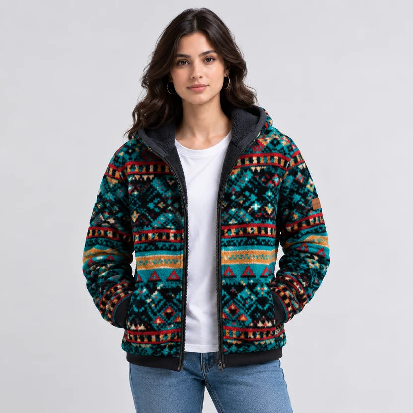 western aztec geometric pattern on teal black Yellowstone style fleece jacket