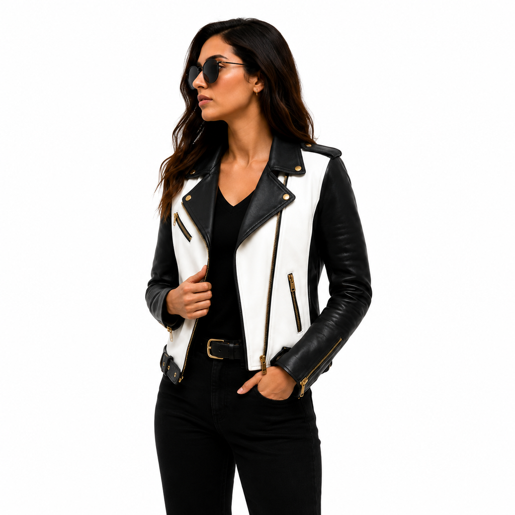 Women's Black & White Biker Leather Jacket