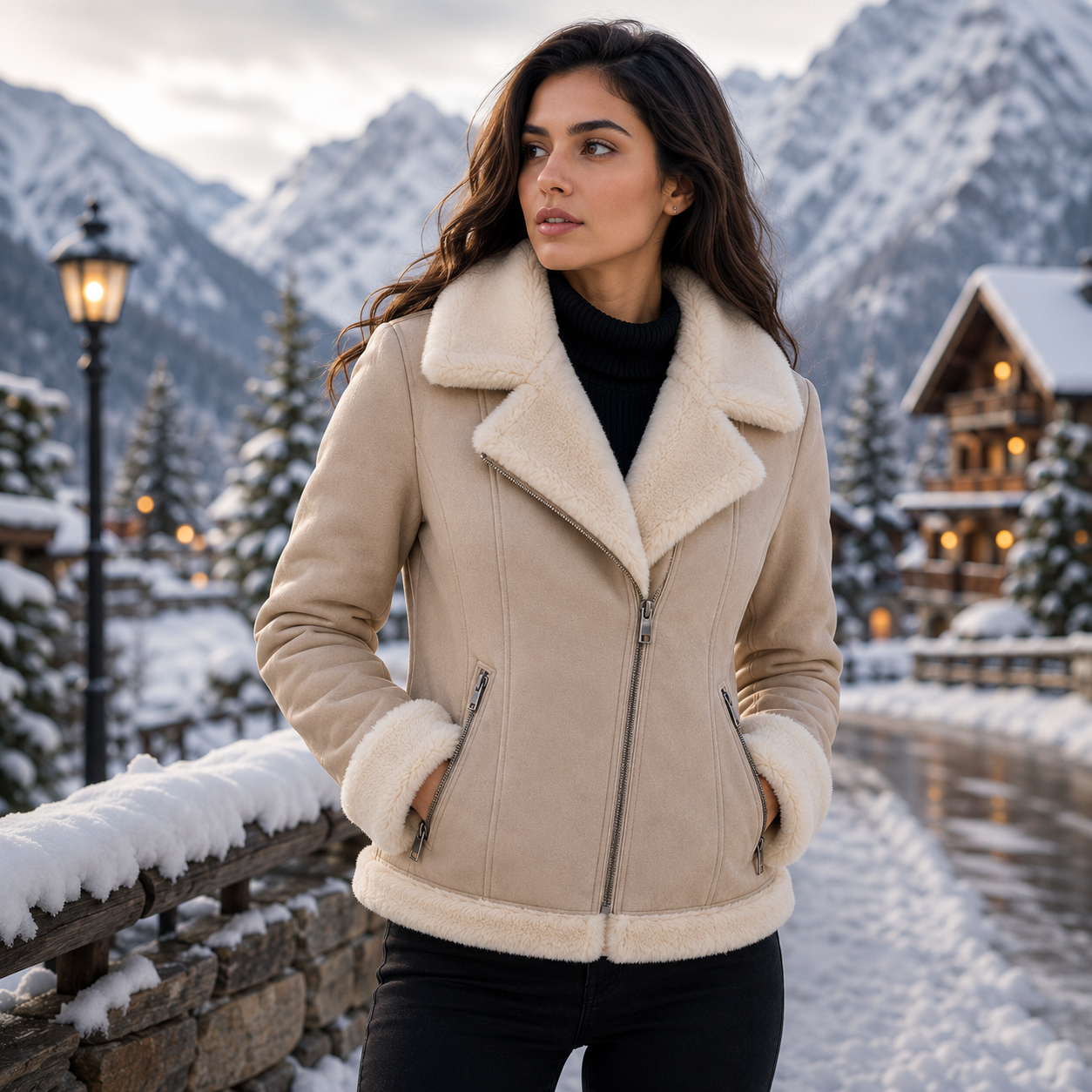 Women's Beige Shearling Leather Jacket