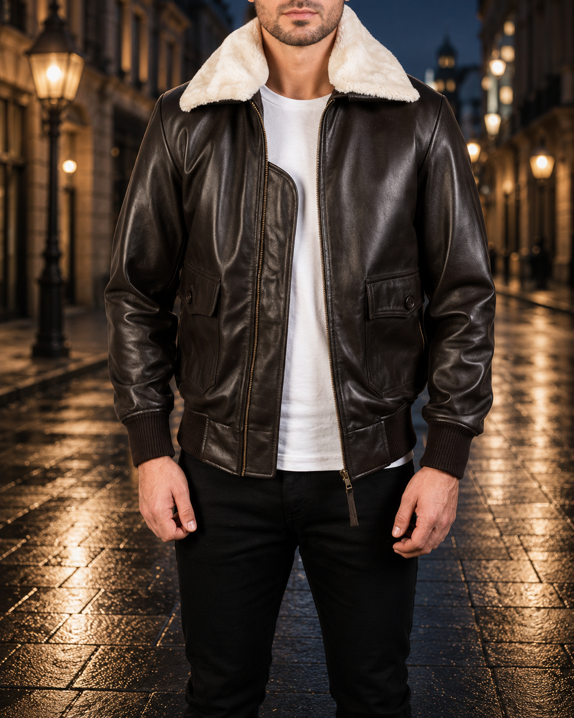 Brown Shearling Collar Bomber Jacket