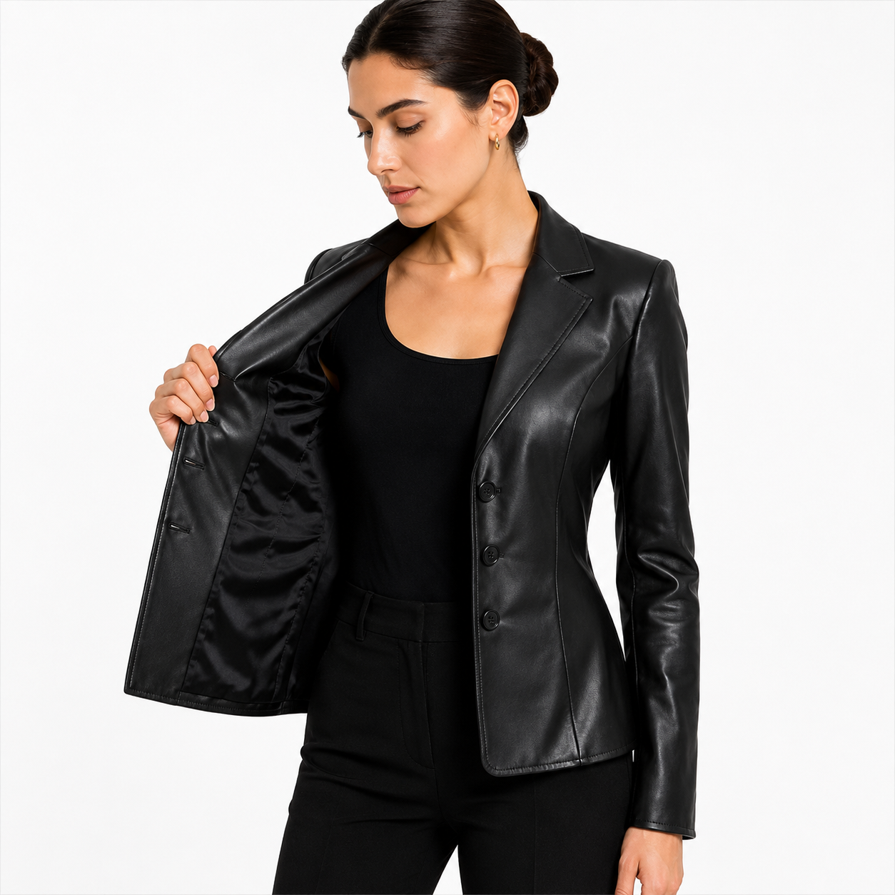 Women's Black Leather Blazer with Trousers