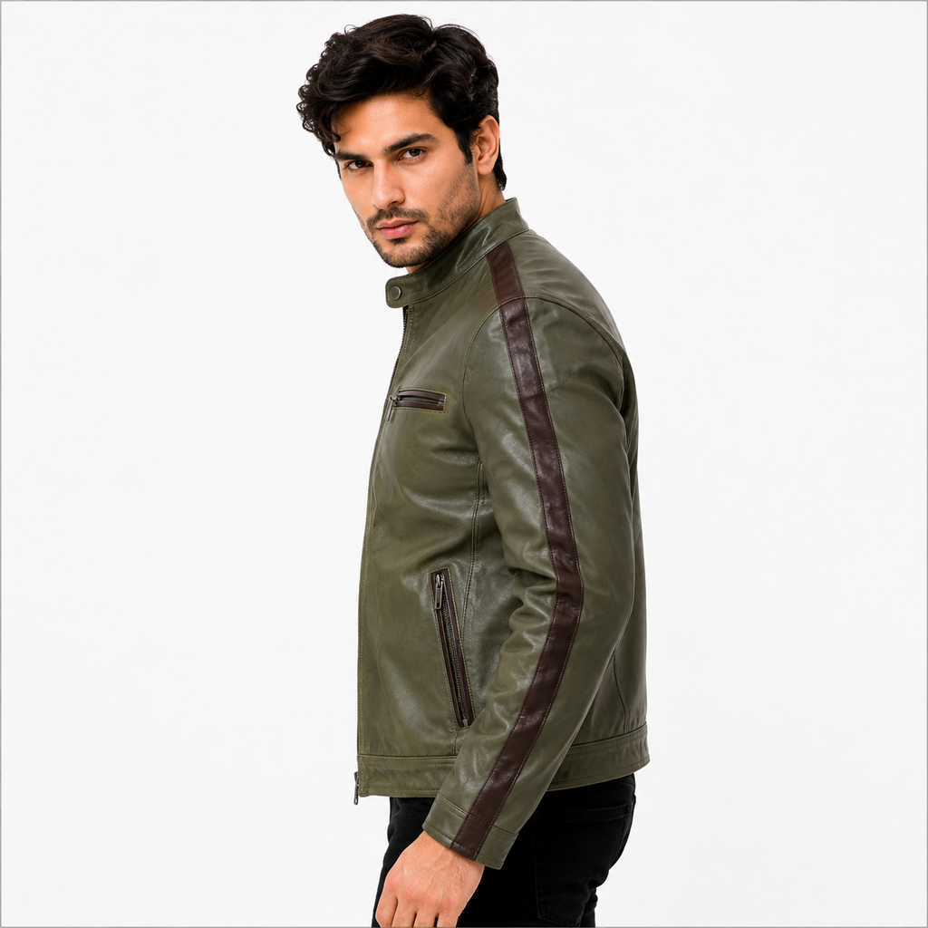 Men's Olive Green Cafe Racer Leather Jacket