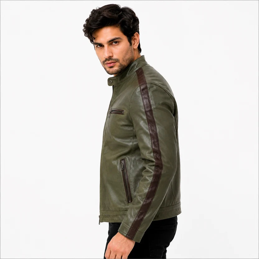Men's Olive Green Brown Stripe Cafe Racer Leather Jacket Vintage Outfit