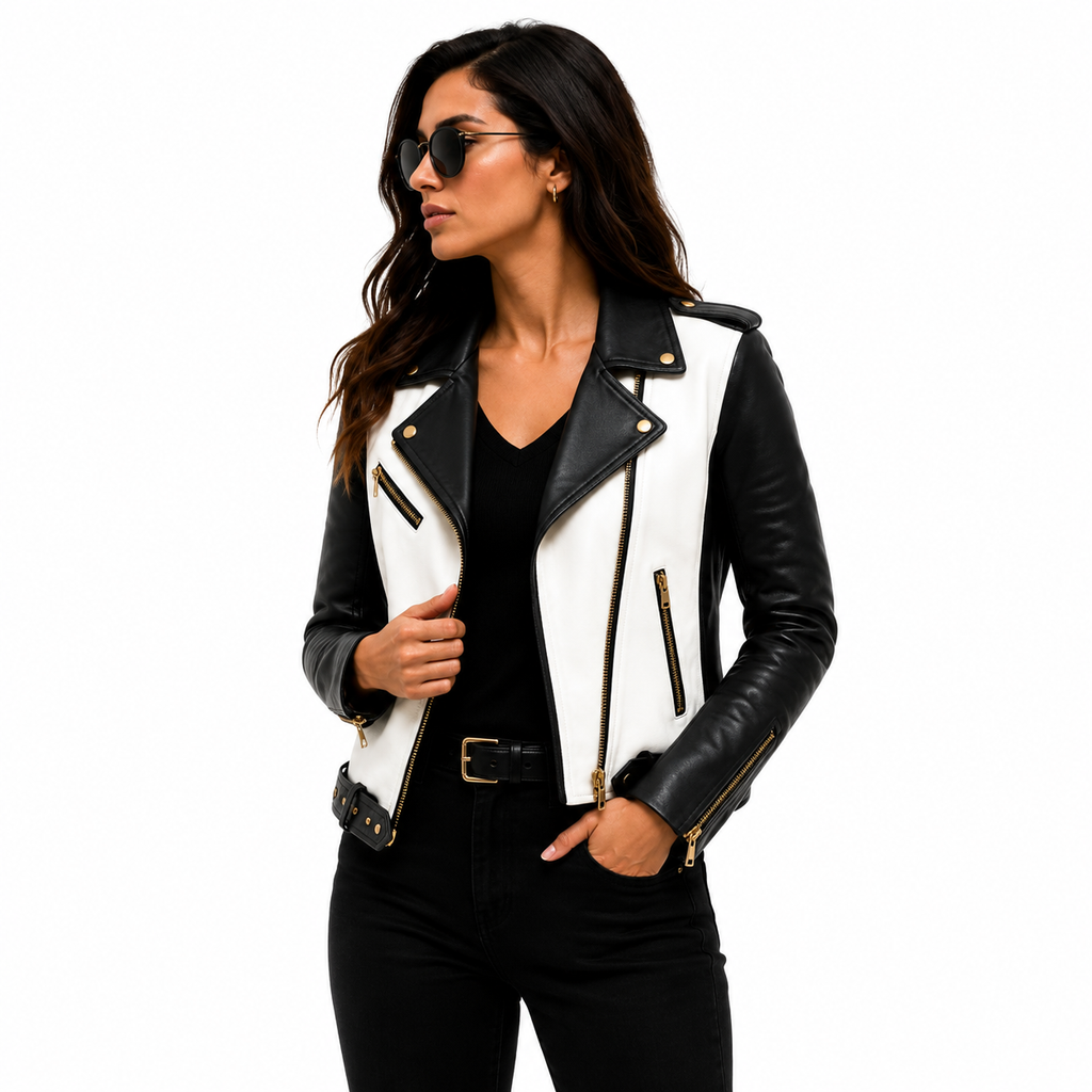 Women's Black & White Biker Leather Jacket