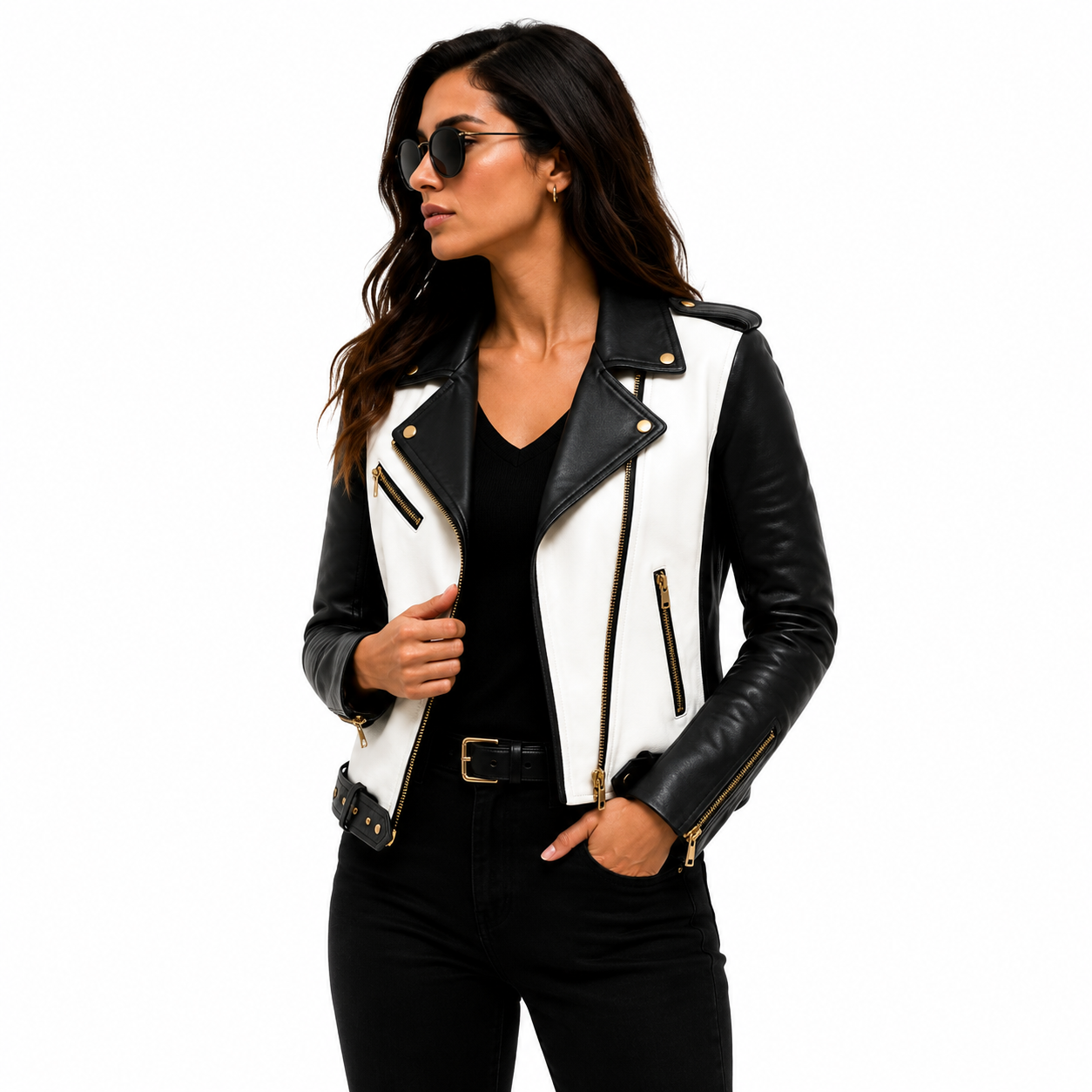 Women's Black & White Biker Leather Jacket