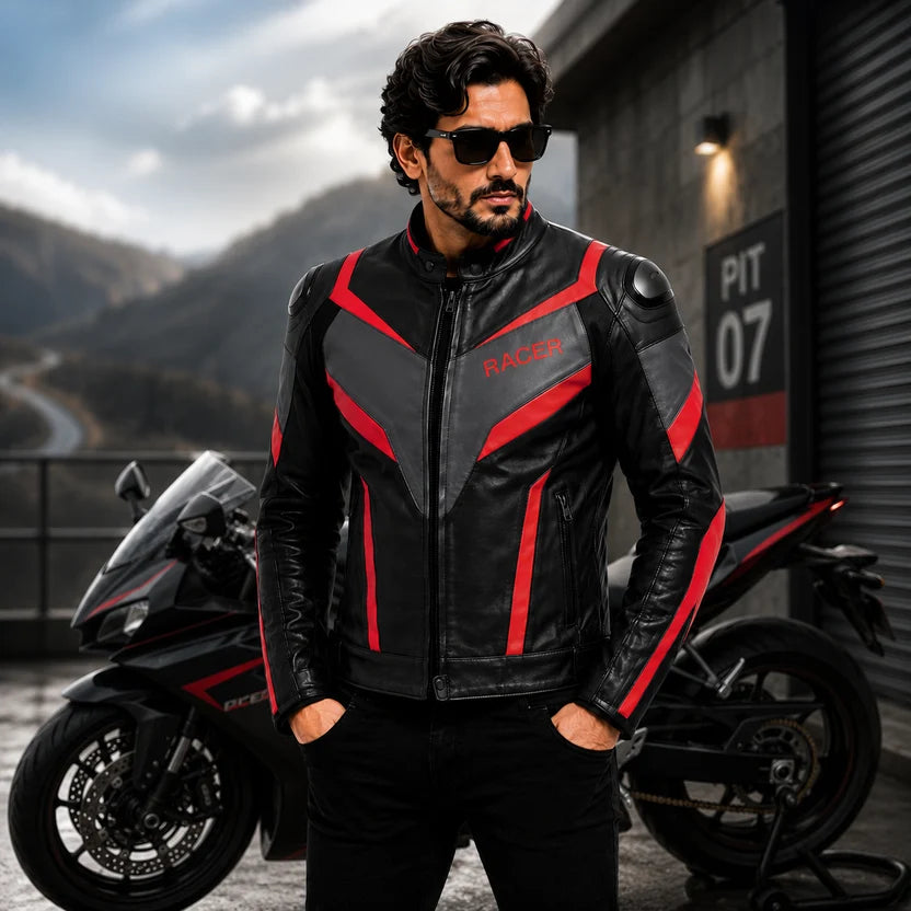 Men's Black and Red Racer Leather Jacket
