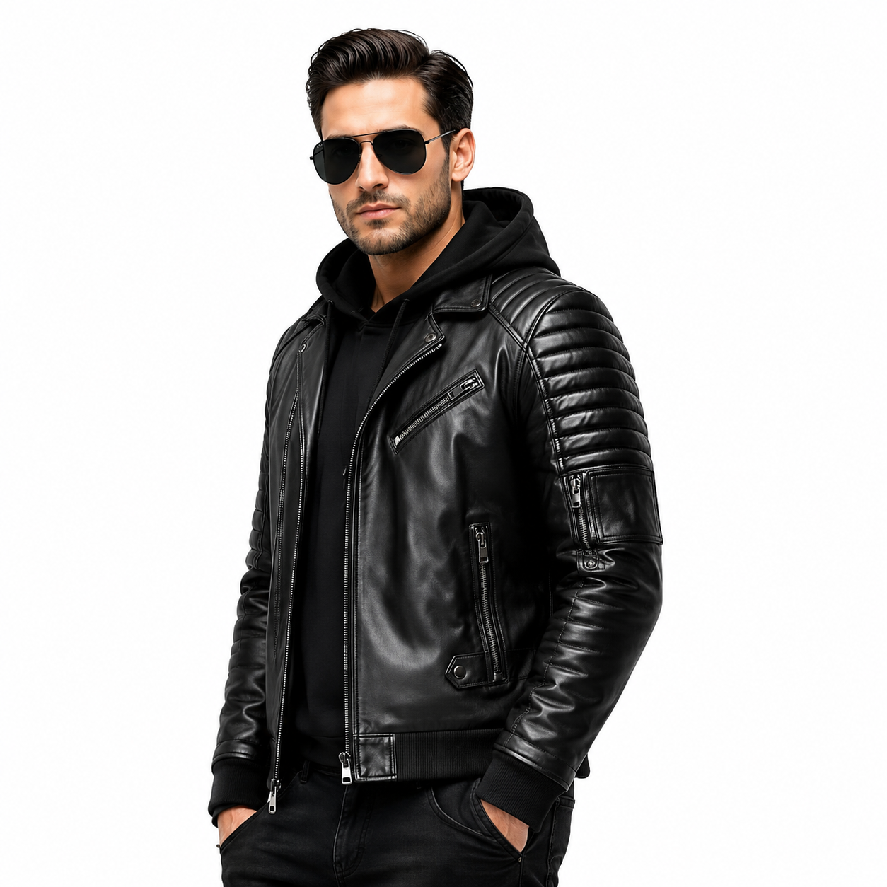 Men's hooded leather biker jacket