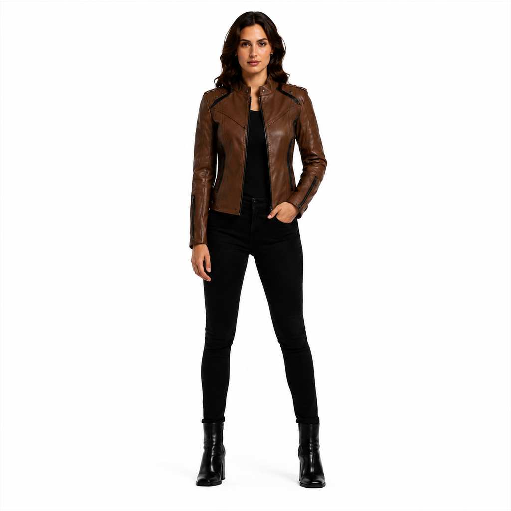 Women's Brown Cafe Racer Leather Jacket