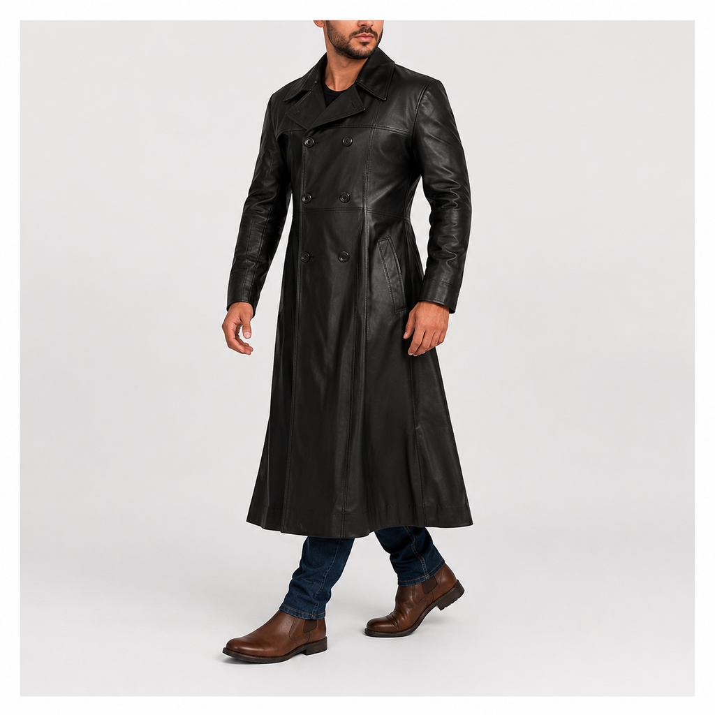Full-Length Double-Breasted Leather Duster Trench Coat